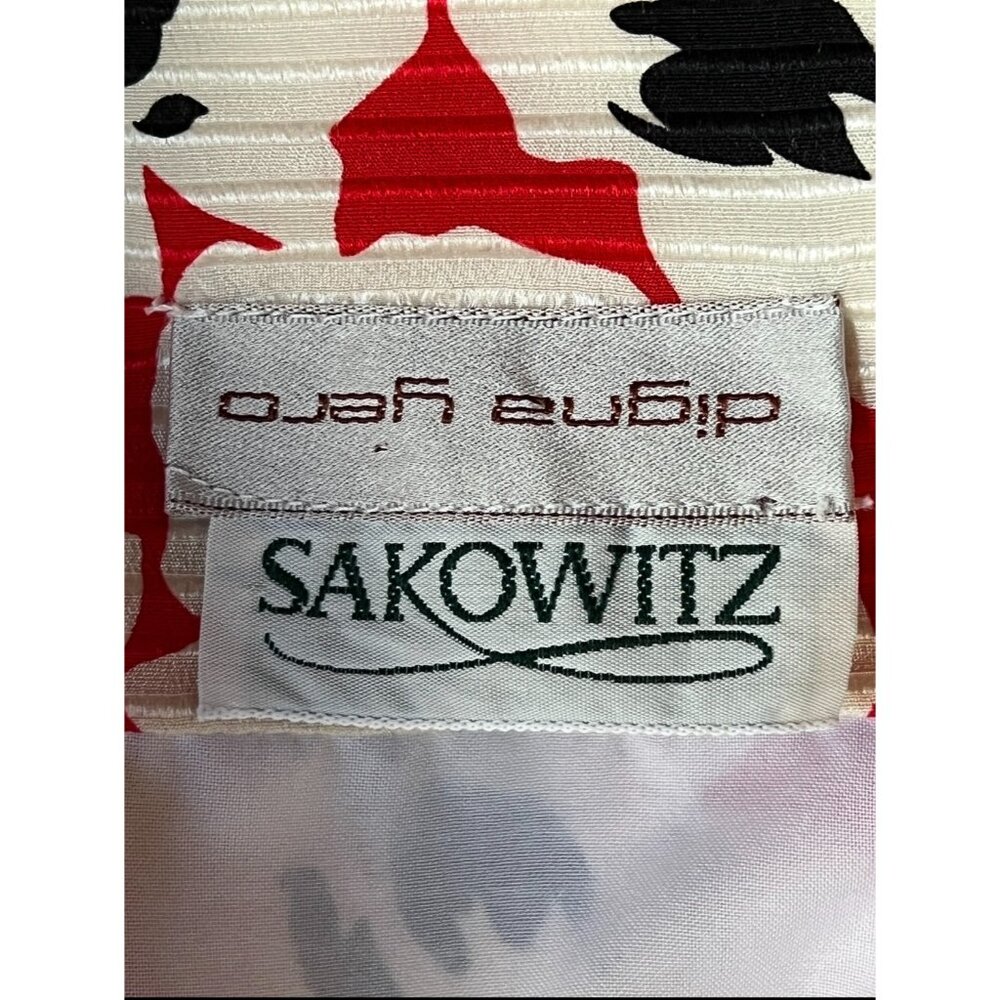Digna Yero Sakowitz Womens Dress Size 10 Red Blk Wht Puff Sleeves & Draped Yoke - Picture 2 of 16